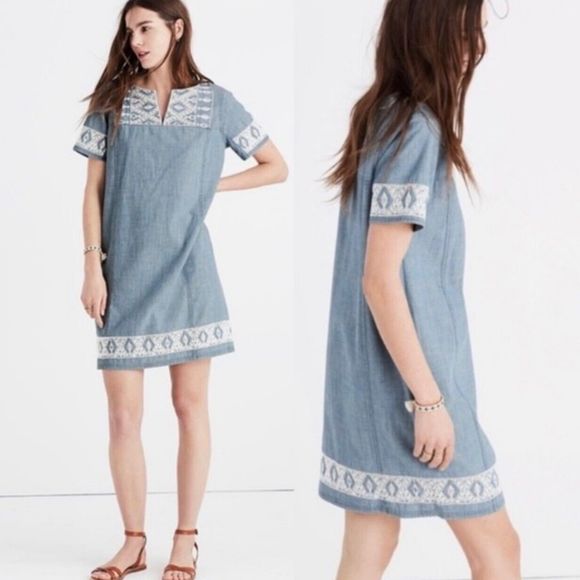 Madewell Short Sleeve Dress Blue Aztec Embroidery Tribal Boho Denim Chambray XS - Picture 2 of 6